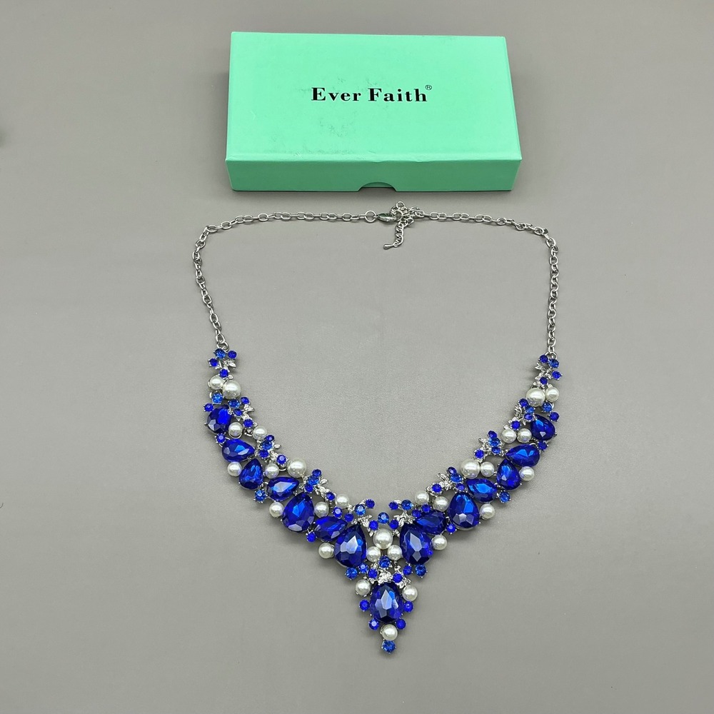 Ever Faith Necklace Women Blue Crystal Faux Pearl Statement Bib Prom Wedding 20"